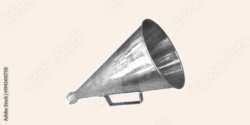 Vintage megaphone isolated on background. Trendy halftone collage. Classic hand-held acoustic loudspeaker. Retro communication tool for advertising and marketing campaigns.