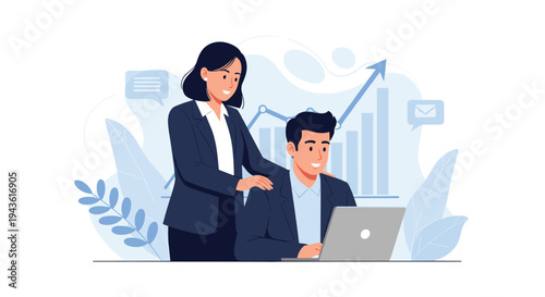Professional businesswoman providing encouragement and support to a male colleague working on a laptop with financial growth charts behind.