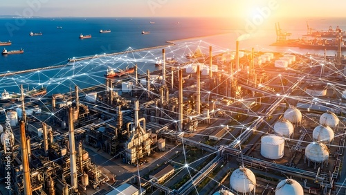 Smart factory with digital network and data communication, industrial plant with connected system, concept of industry 4.0 and global business.