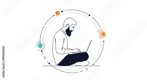 Minimalist line drawing of a bearded man sitting comfortably cross-legged while working on his laptop inside a creative circular border.