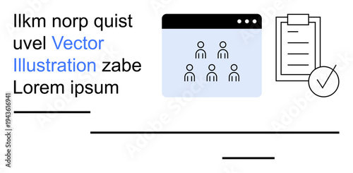 Team collaboration, project management, organization tools, digital planning, web communication, report analysis. Window interface with group icons and checklist. Team collaboration and project