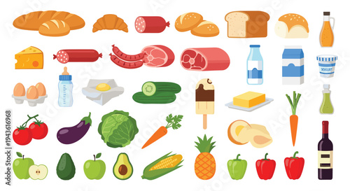 Comprehensive collection of various food icons including fresh vegetables, fruits, meat, dairy products, bread, and beverages on white.