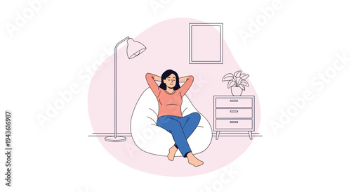 Relaxed young woman sitting in a white bean bag chair with her hands behind her head inside a minimalist and cozy home environment.