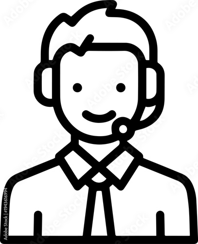 Hand Drawn Male Customer Service Agent Black and White Avatar Illustration in Minimal Line Art Style Design