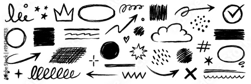 Hand drawn crayon line, arrow, circle chalk texture shape set. Doodle hand drawn scribble chalk brush stroke arrow, underline, dot elements. Black check, cross grunge mark. Vector illustration