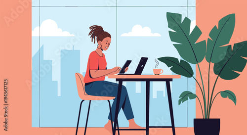 Modern professional woman with dreadlocks working on a laptop and tablet at a desk with a city view through a large office window.