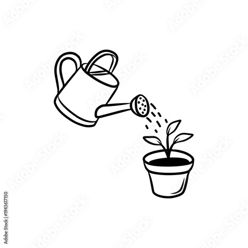 Minimalist Line Art of Watering Can Pouring Water on a Small Potted Plant