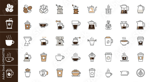 Extensive grid of coffee icons including various beans, brewing equipment, specialty cups, and espresso machines in a clean line style.
