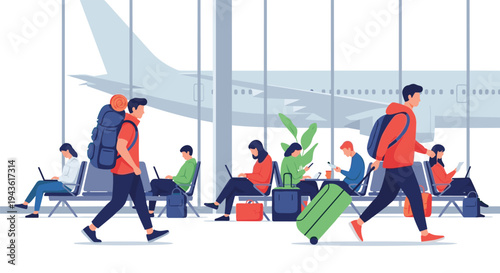 Busy airport terminal scene with diverse travelers waiting on chairs, using laptops, and walking with luggage near a large parked airplane.