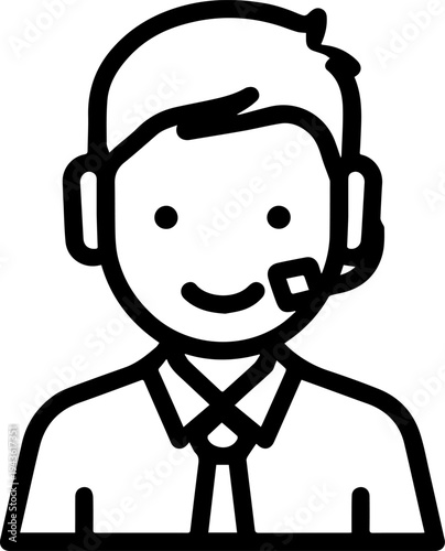 Hand Drawn Male Customer Service Agent Black and White Avatar Illustration in Minimal Line Art Style Design