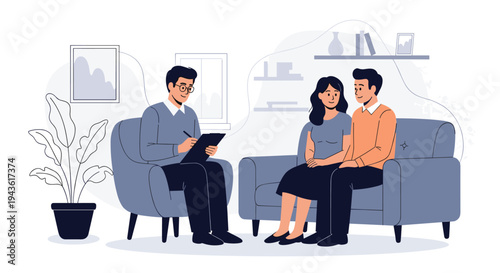 Supportive therapy session showing a young couple sitting on a sofa and talking to a professional psychologist who is taking notes.
