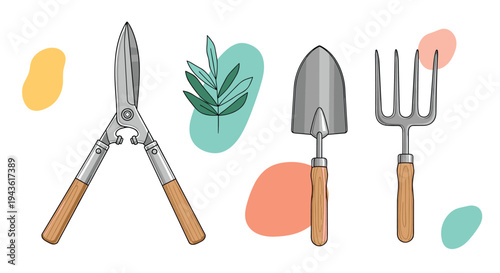 Collection of common gardening hand tools including large pruning shears, a metal trowel, a hand fork, and a green leaf graphic.