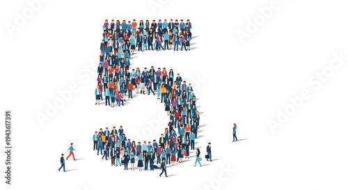 Large number five symbol created from a dense crowd of tiny diverse people standing together on a clean and simple white background.