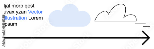 Progress, direction, communication, minimalism, transportation, data flow. A stylized cloud and arrow with text elements in an abstract composition. Progress and communication concept