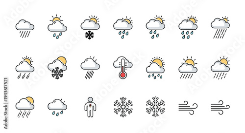 Comprehensive set of weather forecast icons featuring various conditions like sunny, rainy, snowy, and windy for climate reporting.