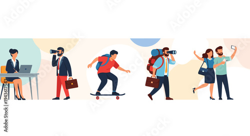 Diverse group of people engaged in various activities including working, exploring, skateboarding, and traveling for lifestyle diversity.