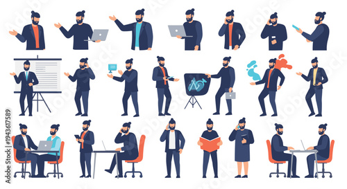 Collection of character poses for a professional man with a beard performing various tasks like using a laptop, talking on phone, and presenting.