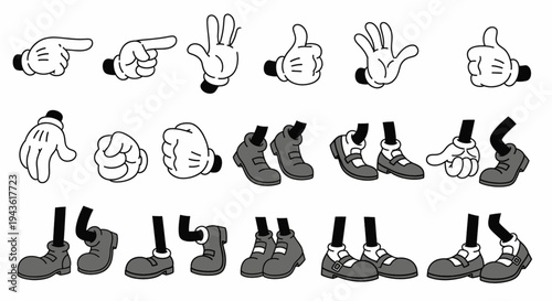 Vintage cartoon hands and feet characters with expressive gestures and poses