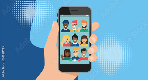 Person holding a smartphone during a group video conference call with diverse friends or colleagues for remote communication.