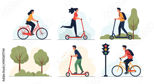 Set of illustrations showing people using eco-friendly transportation like bicycles and electric scooters in an urban environment.