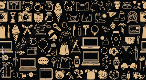 Seamless pattern of various consumer goods icons including electronics, fashion, and lifestyle items for shopping and retail background.