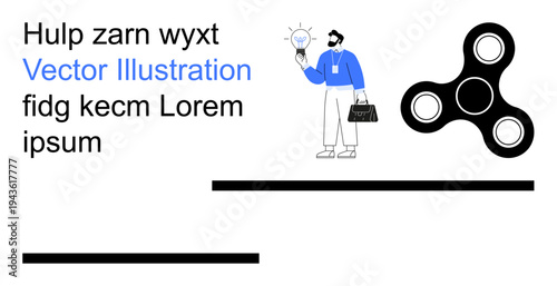 Creativity, mindfulness, business strategy, focus, brainstorming, innovation. Person holding lightbulb, text and fidget spinner. Creativity and mindfulness concept