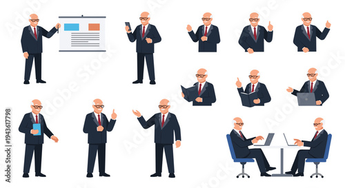 Character pose set of a senior businessman or professor performing various actions like lecturing, using a laptop, and reading.