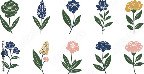 Colorful floral in two rows on white flowers background green
