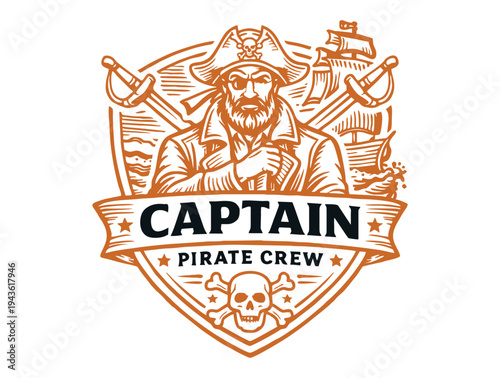 A classic captain sailing with his majestic ship, nautical logo.