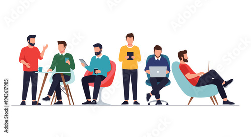 Diverse group of men working and relaxing in a modern office lounge area using various digital devices and enjoying coffee together.