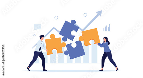 Professional team collaborating with large puzzle pieces to drive business growth and reach success targets.