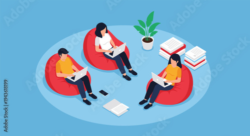 Three young professionals working on their laptops while sitting comfortably on red bean bag chairs in a modern and relaxed office space.