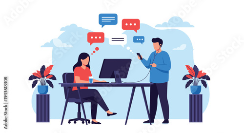 Two colleagues communicating at a desk with colorful speech bubbles representing a busy digital exchange of ideas and messages.