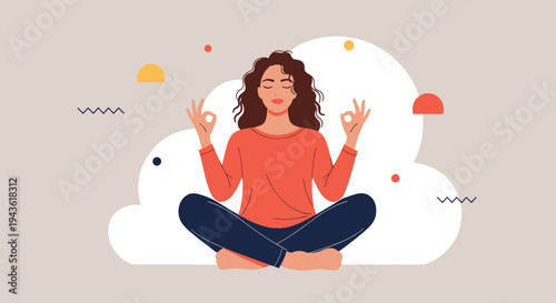 Peaceful young woman with curly hair meditating in a lotus position against a soft background with abstract shapes for stress relief.
