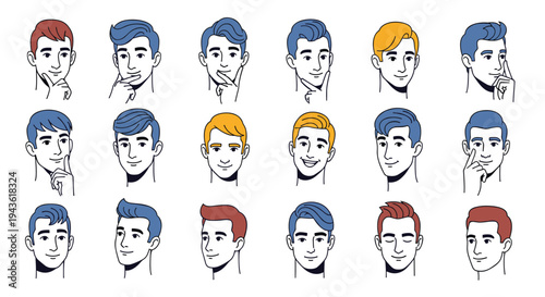 Comprehensive collection of diverse male character portraits featuring various hair colors and contemplative hand to chin expressions.