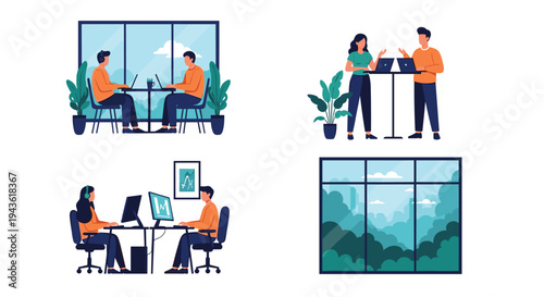 Four different scenes showing people working in modern office environments with various desk setups and forest views from large windows.