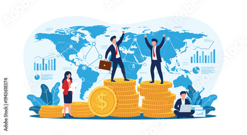 Business people celebrating success on stacks of gold coins against a global map background with various financial growth charts and data.