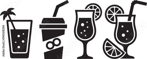 Variety of Refreshing Summer Drinks with Ice and Fruits