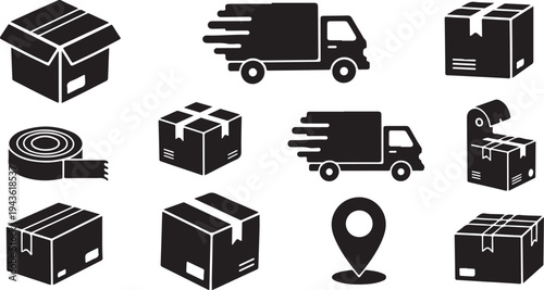 Logistics and shipping icons in black and white style