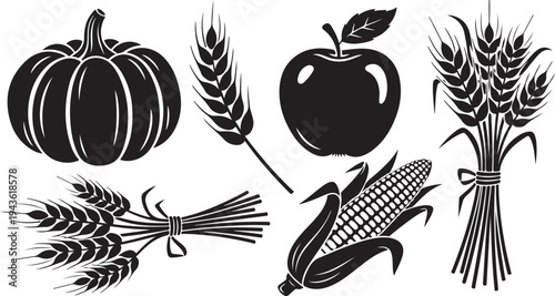 Harvest icons including pumpkin, wheat, apple, and corn silhouettes