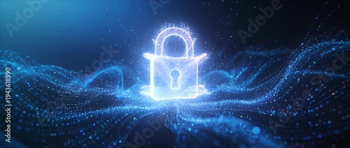 Cyber security data protection digital padlock glowing lock network privacy blue light encryption abstract background technology concept futuristic wave cyberspace trust firewall access control