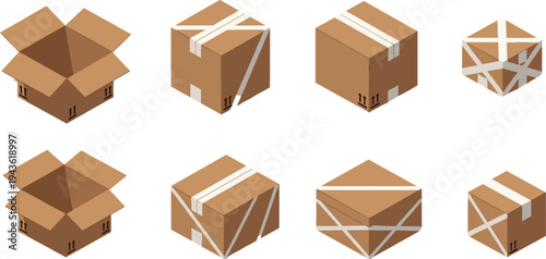 Cardboard box packaging set open and closed shipping parcel carton delivery package vector illustration logistics storage moving transport icons