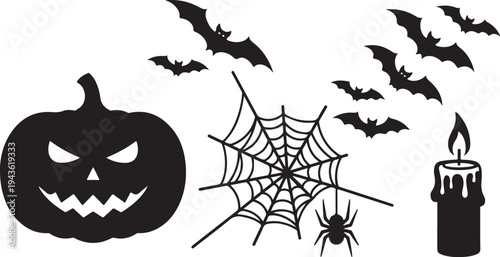 Halloween icons including pumpkin, bats, spider web, and candle
