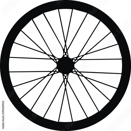 Bicycle wheel illustration, black and white vector, rim hub spoke design, cycling equipment art, transport symbol, mechanical structure, sports icon