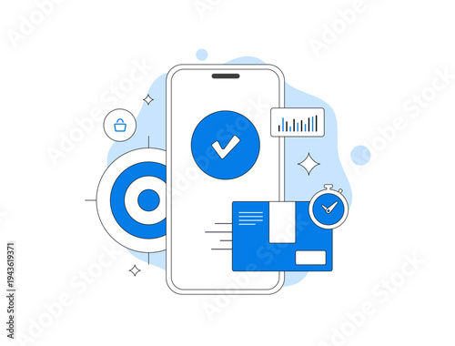 Instant commerce platform interface, quick commerce logistics system, instant delivery service with courier tracking, last mile delivery network, mobile shopping technology flat vector illustration
