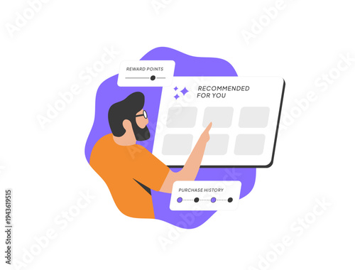 AI product recommendation engine, e-commerce personalization using purchase history and reward points generating ai recommended products improving loyalty retention and marketing, vector illustration