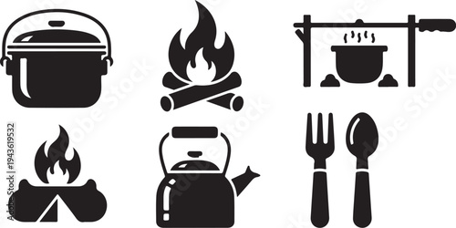 Camping cooking icons set for outdoor adventure activities
