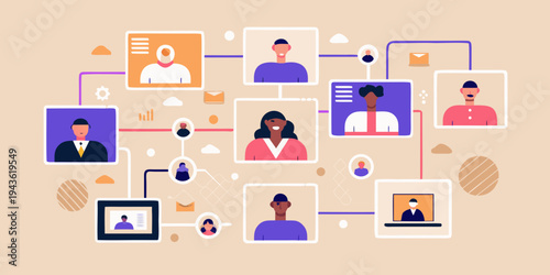 Diverse group of people connected by a network of boxes and lines