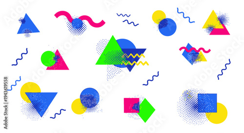 Colorful geometric shapes in memphis style.