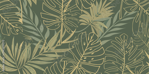 Elegant tropical leaves pattern in shades of green and gold